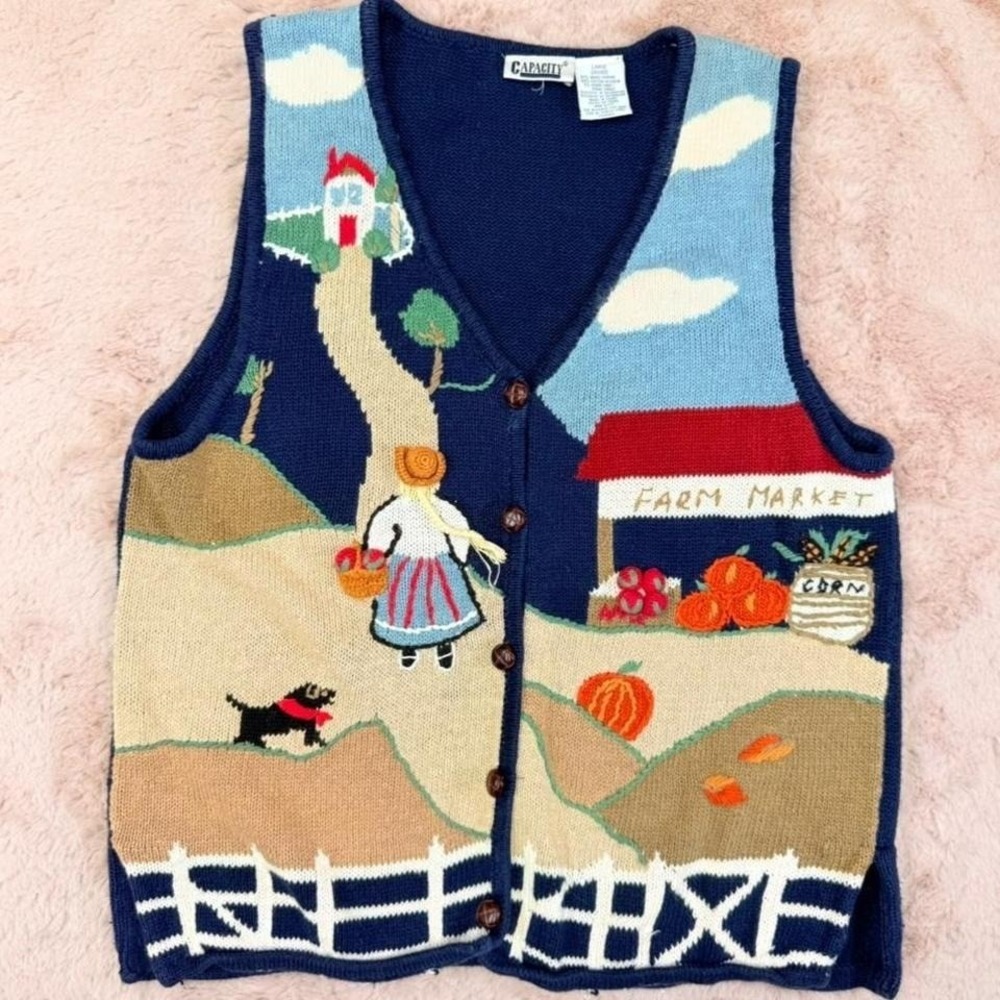 Vintage Capacity Farm Scene Sweater Vest Pumpkin Embroidered‎ Cottagecore L